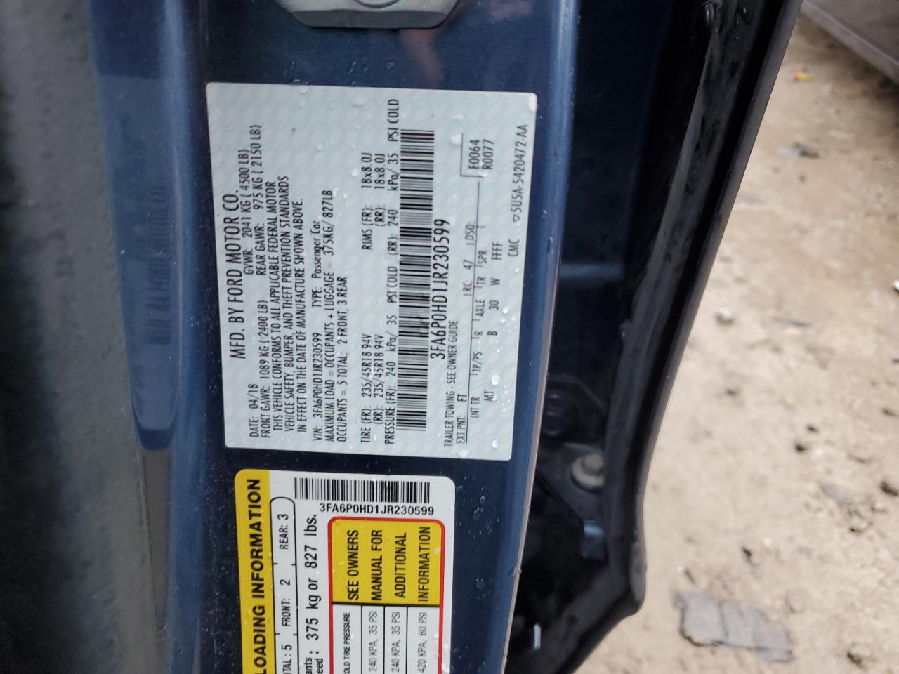 3FA6P0HD1JR230599 FORD FUSION 2018