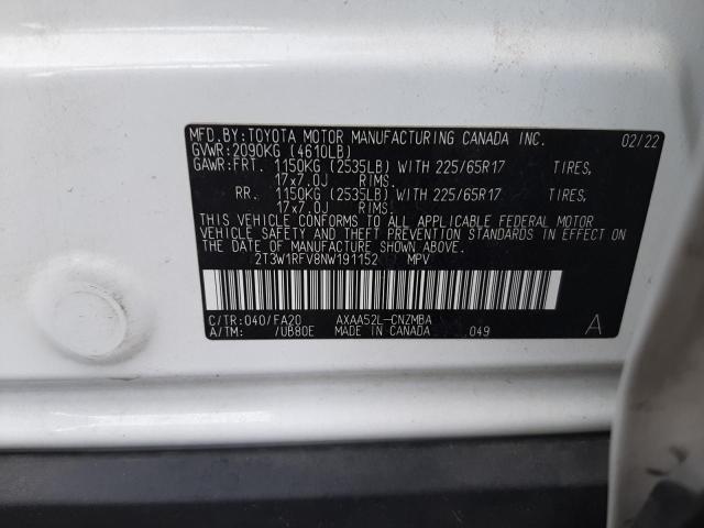 2022 TOYOTA RAV4 XLE 2T3W1RFV8NW191152