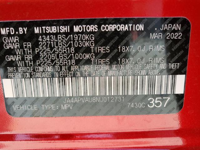 2022 MITSUBISHI OUTLANDER JA4APVAU8NU012731