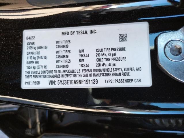 5YJ3E1EA9NF191139 Tesla MODEL 3