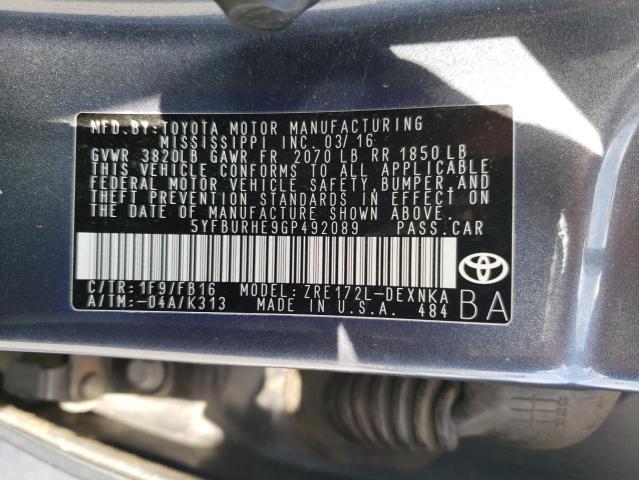 2016 TOYOTA COROLLA L 5YFBURHE9GP492089