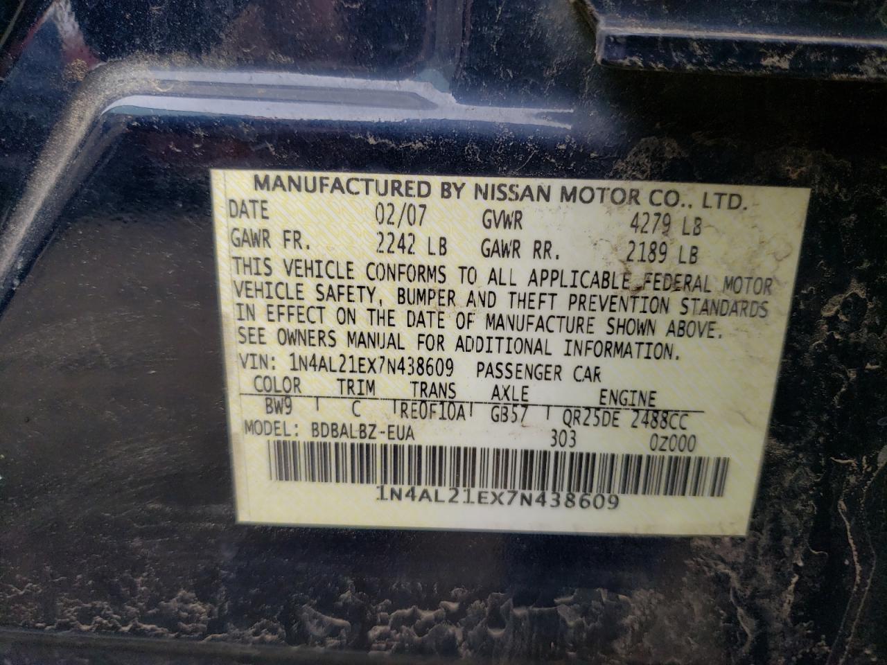 2007 Nissan Altima 2.5 VIN: 1N4AL21EX7N438609 Lot: 42772303