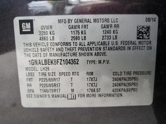 2015 CHEVROLET EQUINOX LT 1GNALBEK8FZ104362