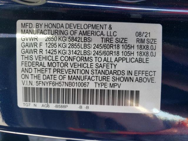 2022 HONDA PILOT EXL 5FNYF6H57NB010067