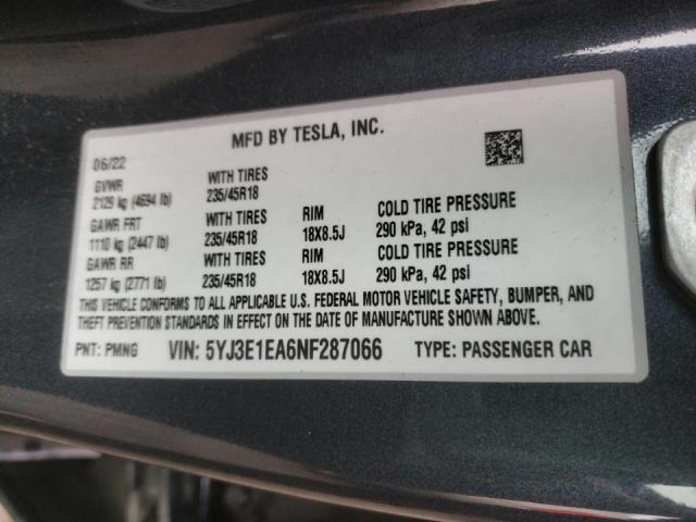 2022 TESLA MODEL 3 5YJ3E1EA6NF287066