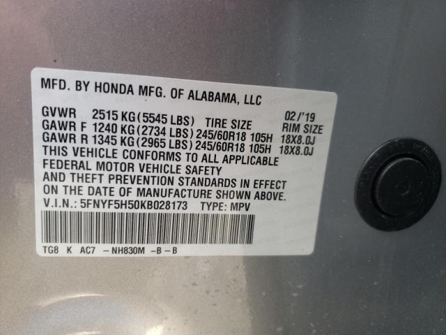 2019 HONDA PILOT EXL 5FNYF5H50KB028173