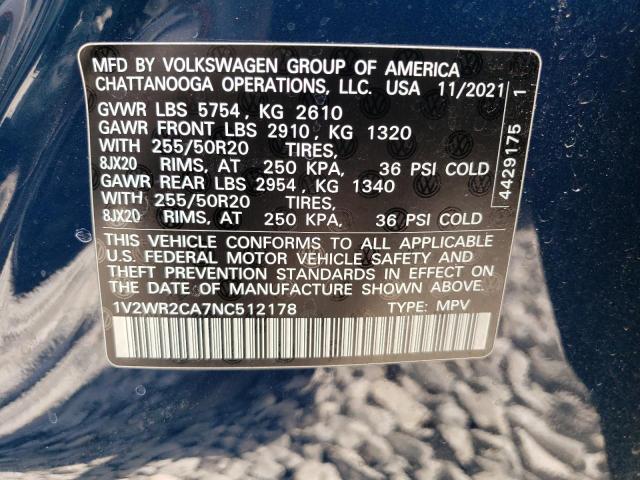 2022 VOLKSWAGEN ATLAS SE 1V2WR2CA7NC512178