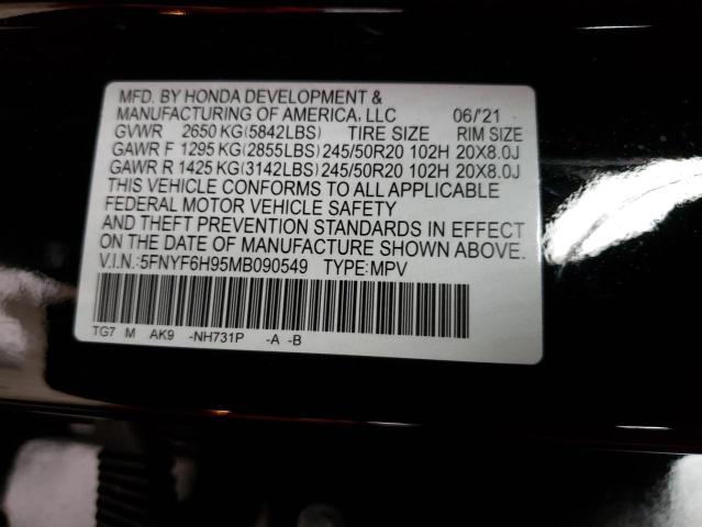 2021 HONDA PILOT TOUR 5FNYF6H95MB090549