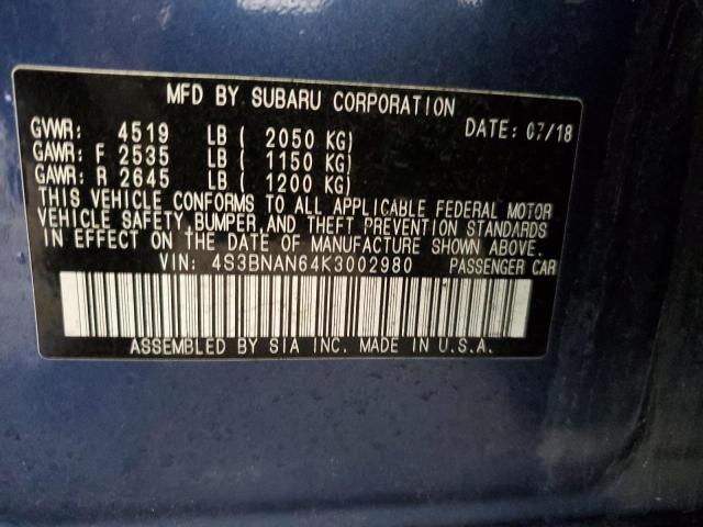 2019 SUBARU LEGACY 2.5 4S3BNAN64K3002980