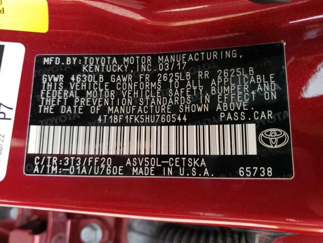 2017 TOYOTA CAMRY LE 4T1BF1FK5HU760544