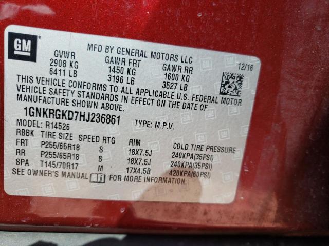 2017 CHEVROLET TRAVERSE L - 1GNKRGKD7HJ236861