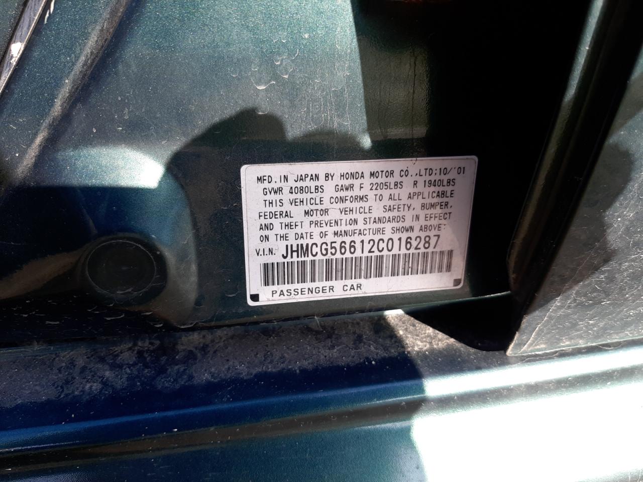 2002 Honda Accord Ex VIN: JHMCG56612C016287 Lot: 49286923