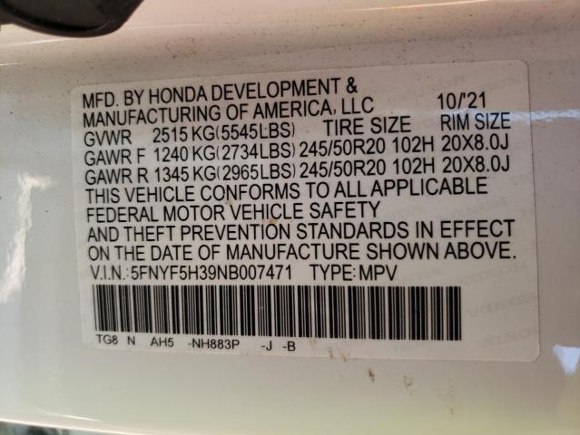 2022 HONDA PILOT SPOR - 5FNYF5H39NB007471