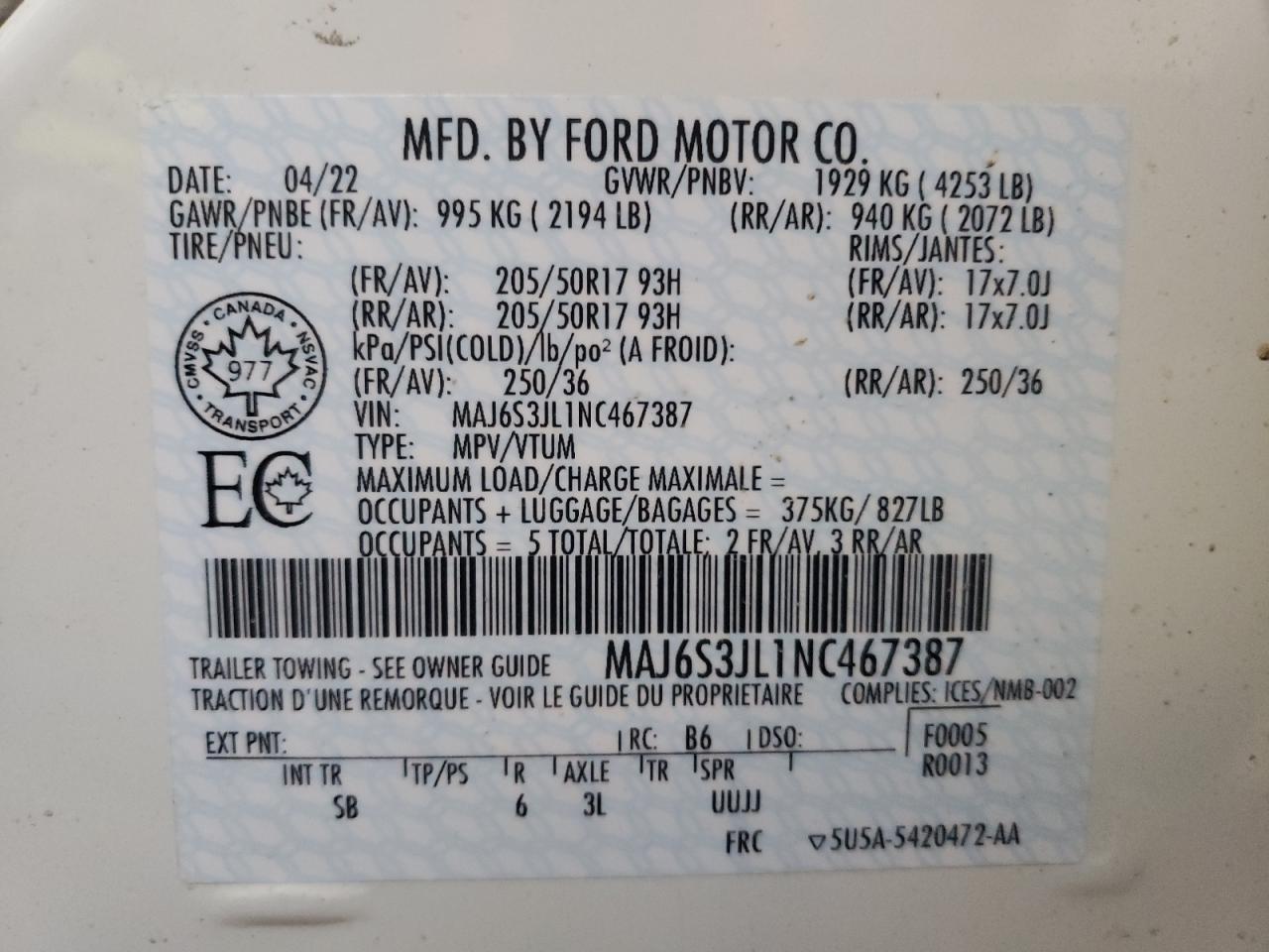 2022 Ford Ecosport Ses VIN: MAJ6S3JL1NC467387 Lot: 42740163