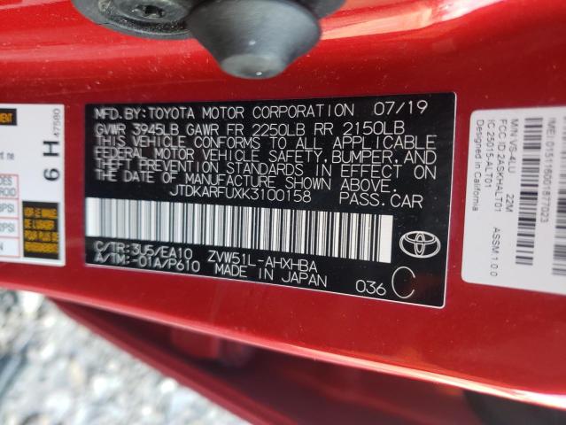 2019 TOYOTA PRIUS JTDKARFUXK3100158