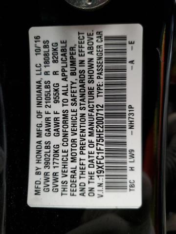 2017 HONDA CIVIC EXL 19XFC1F75HE200712