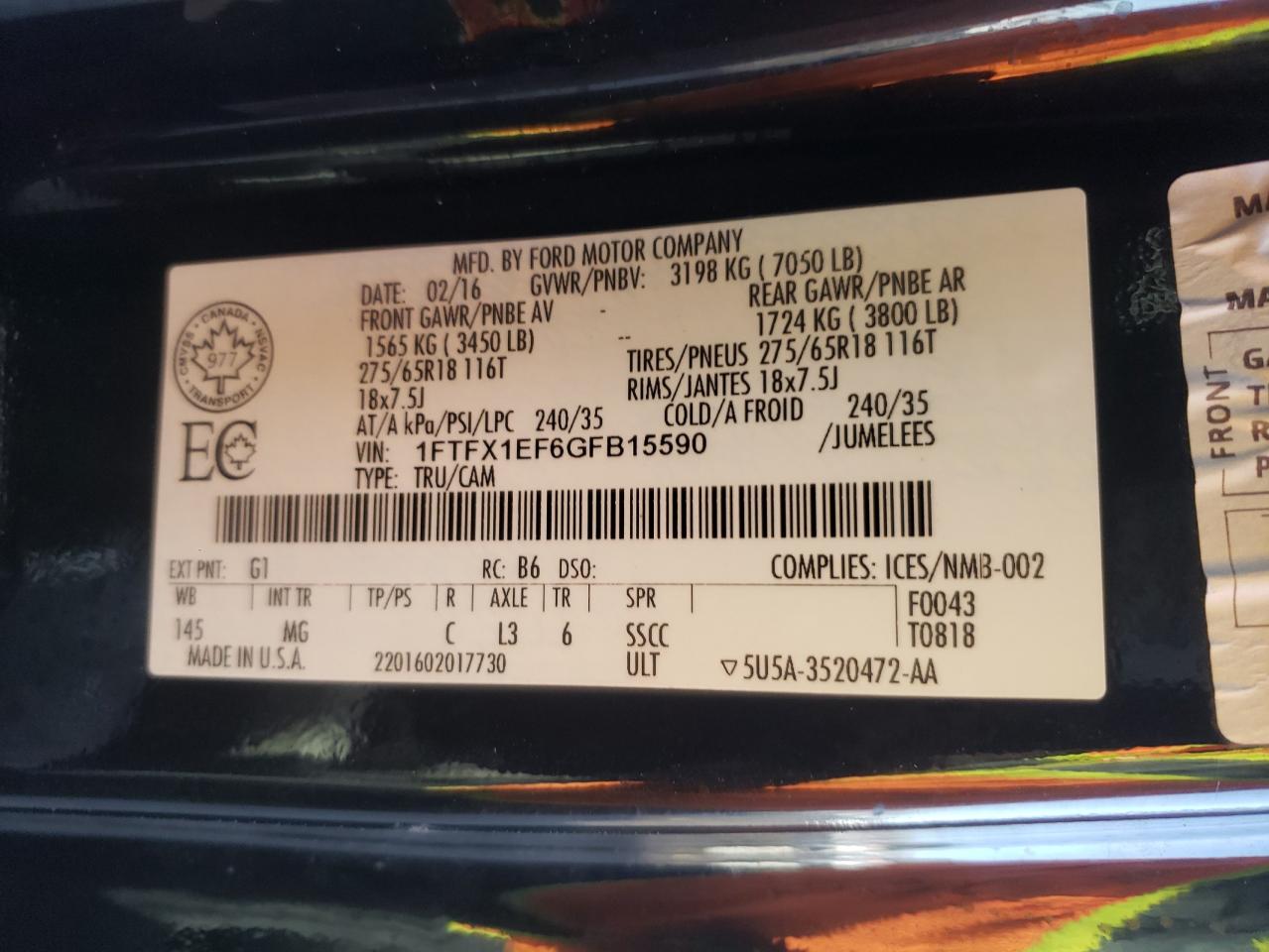 1FTFX1EF6GFB15590 FORD F-150 2016