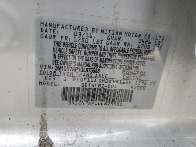 2016 NISSAN VERSA S 3N1CN7AP1GL875588