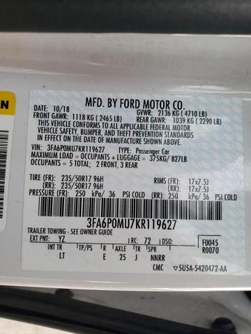 2019 FORD FUSION SEL 3FA6P0MU7KR119627