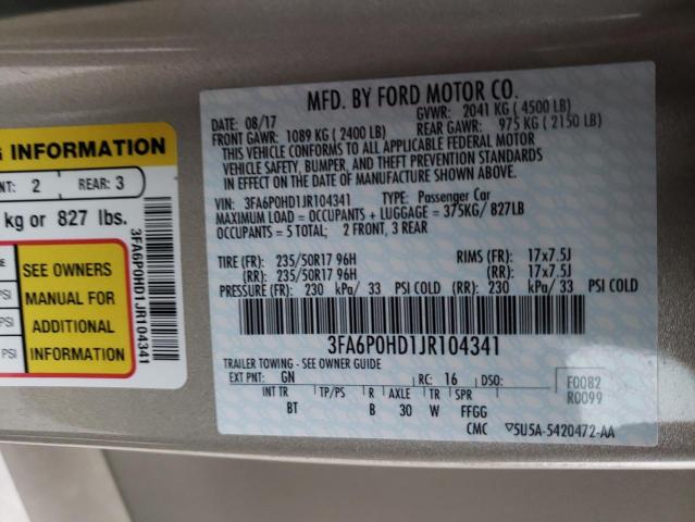 2018 FORD FUSION SE 3FA6P0HD1JR104341