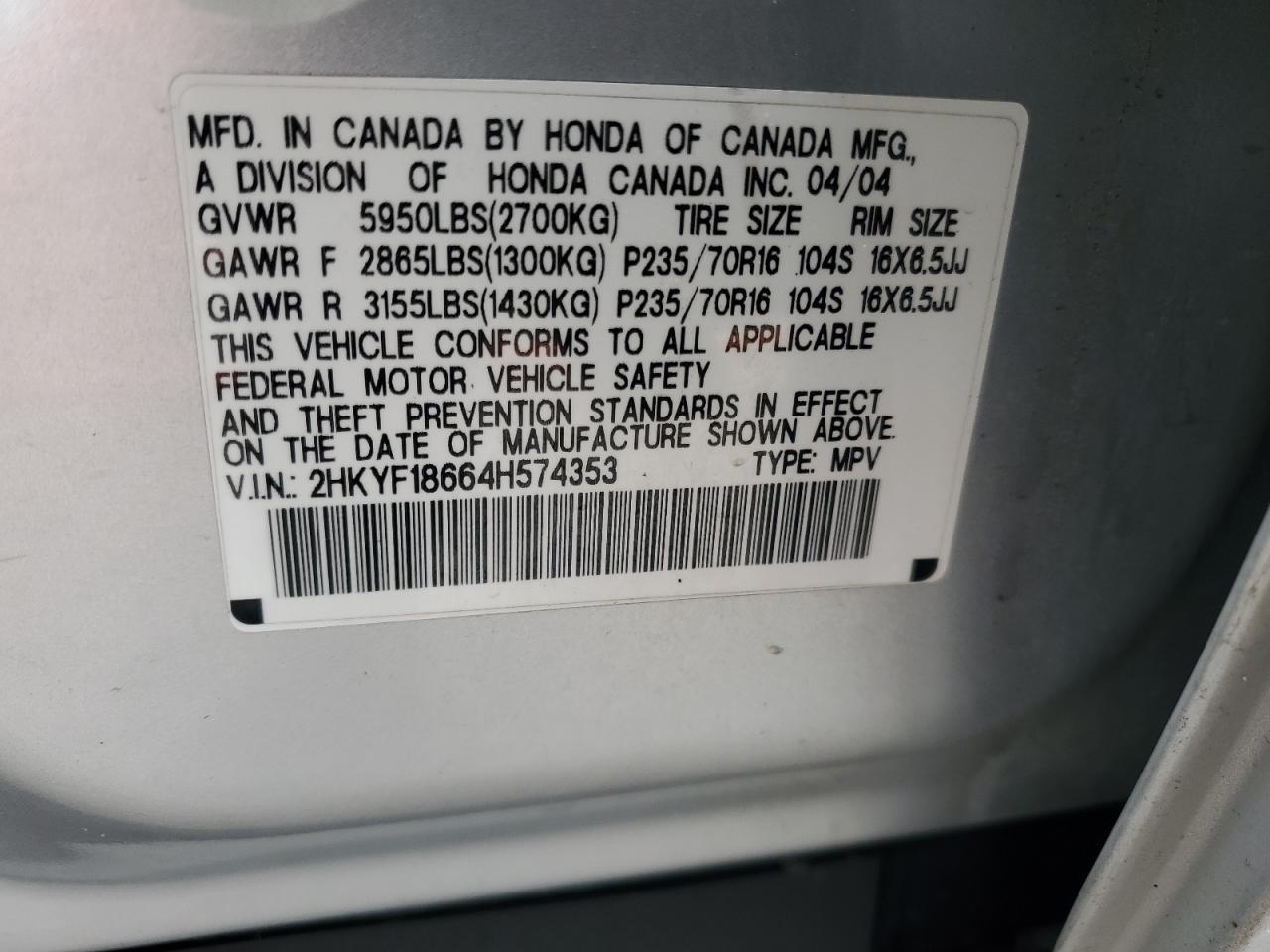 2HKYF18664H574353 2004 Honda Pilot Exl