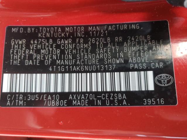 2022 TOYOTA CAMRY SE 4T1G11AK6NU013137