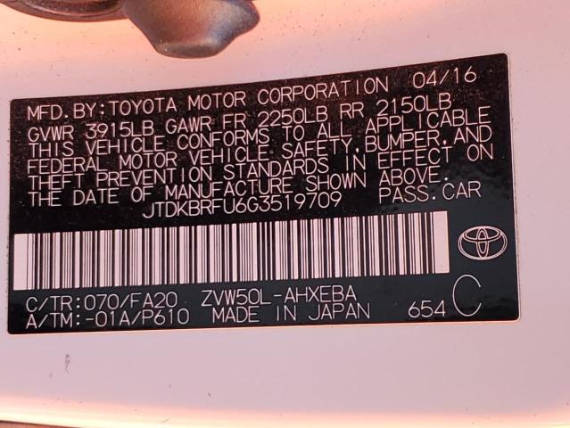 2016 TOYOTA PRIUS JTDKBRFU6G3519709
