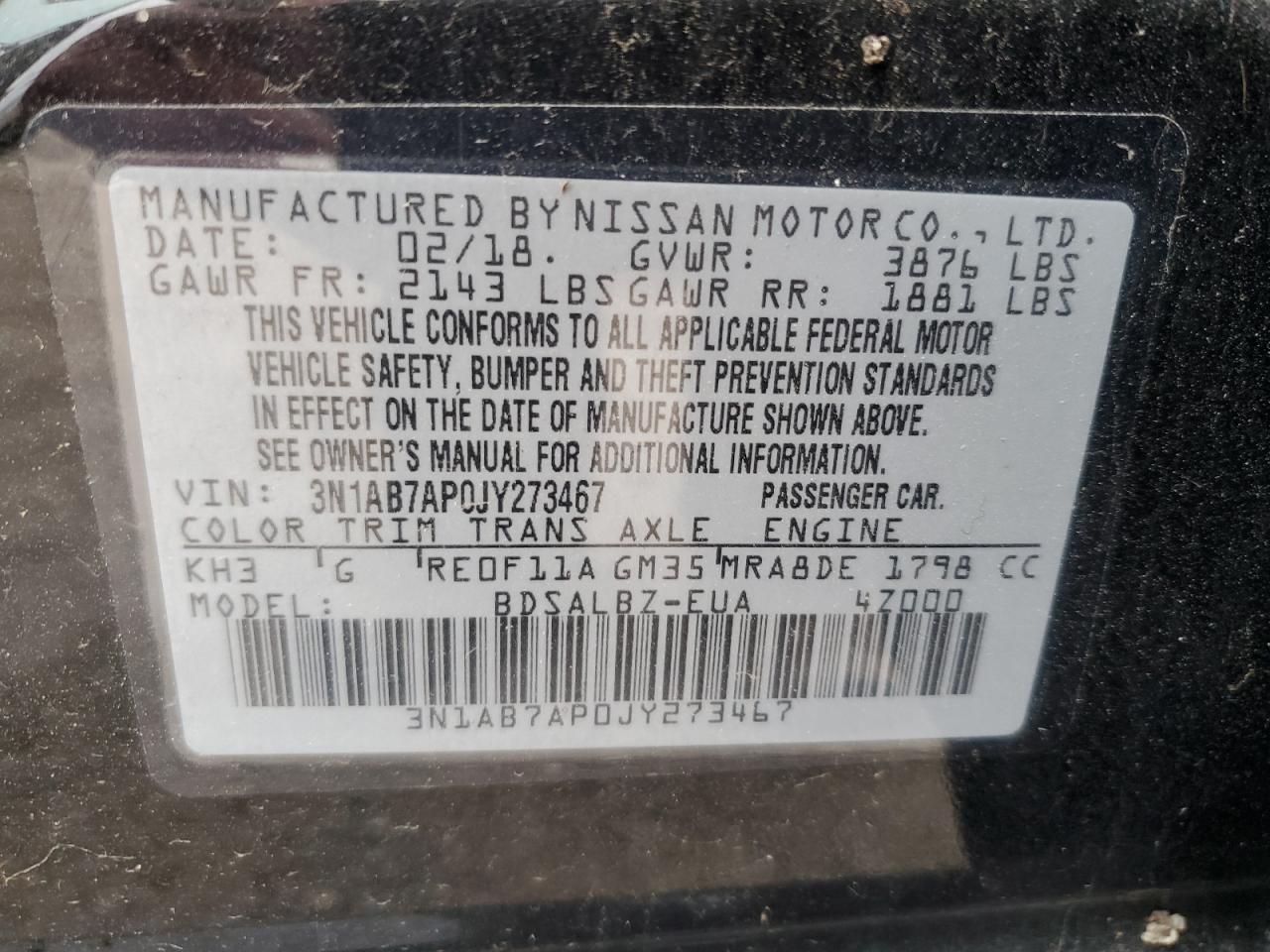 3N1AB7AP0JY273467 NISSAN SENTRA 2018