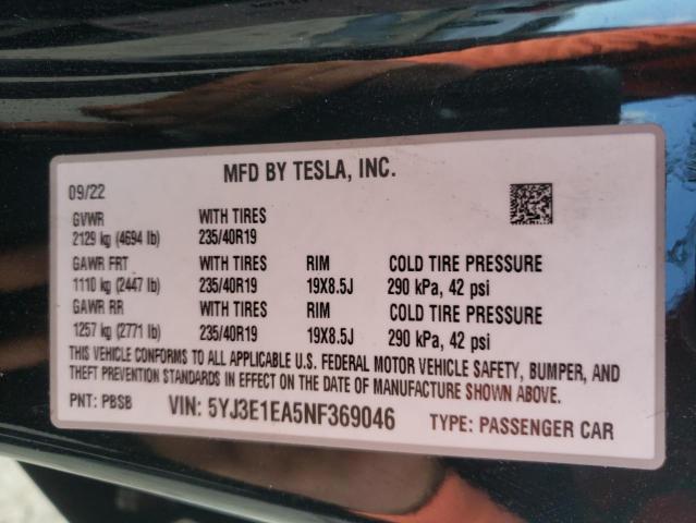 2022 TESLA MODEL 3 5YJ3E1EA5NF369046