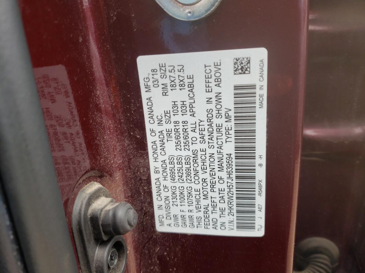 2HKRW2H57JH639594 HONDA CRV 2018