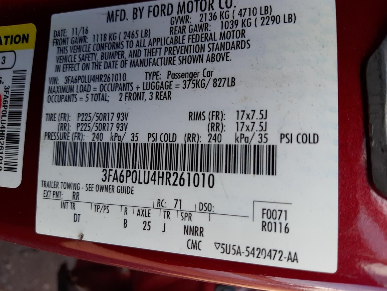 2017 Ford Fusion Se Hybrid VIN: 3FA6P0LU4HR261010 Lot: 86211944