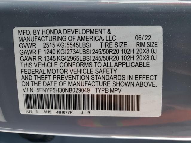 2022 HONDA PILOT SPOR 5FNYF5H30NB029049