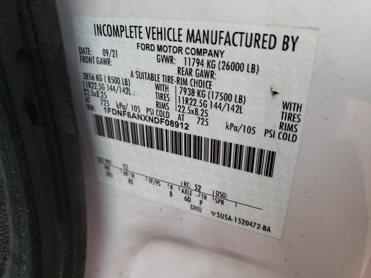 VIN: 1FDNF6ANXNDF08912 2022 FORD F650