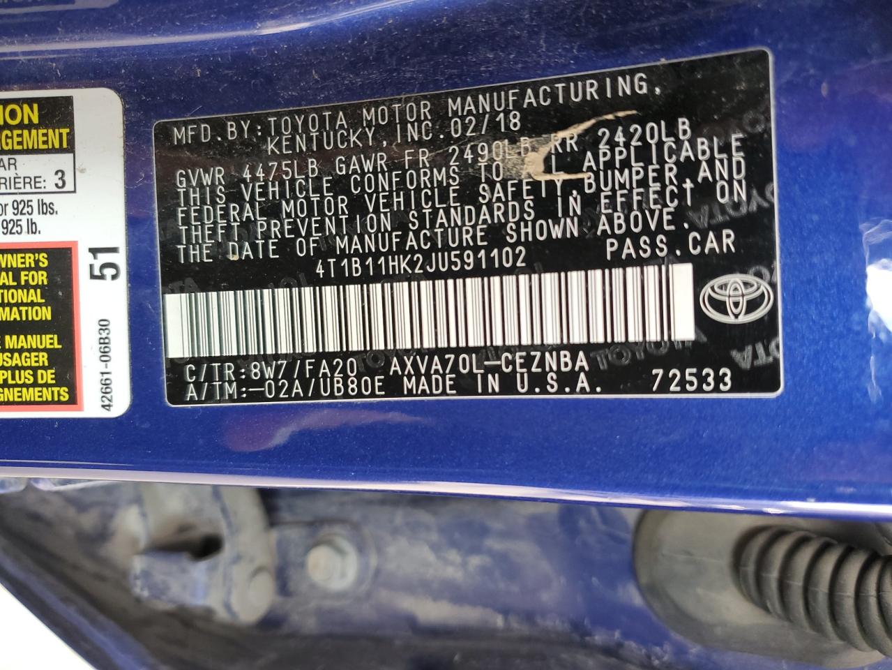 4T1B11HK2JU591102 TOYOTA CAMRY 2018