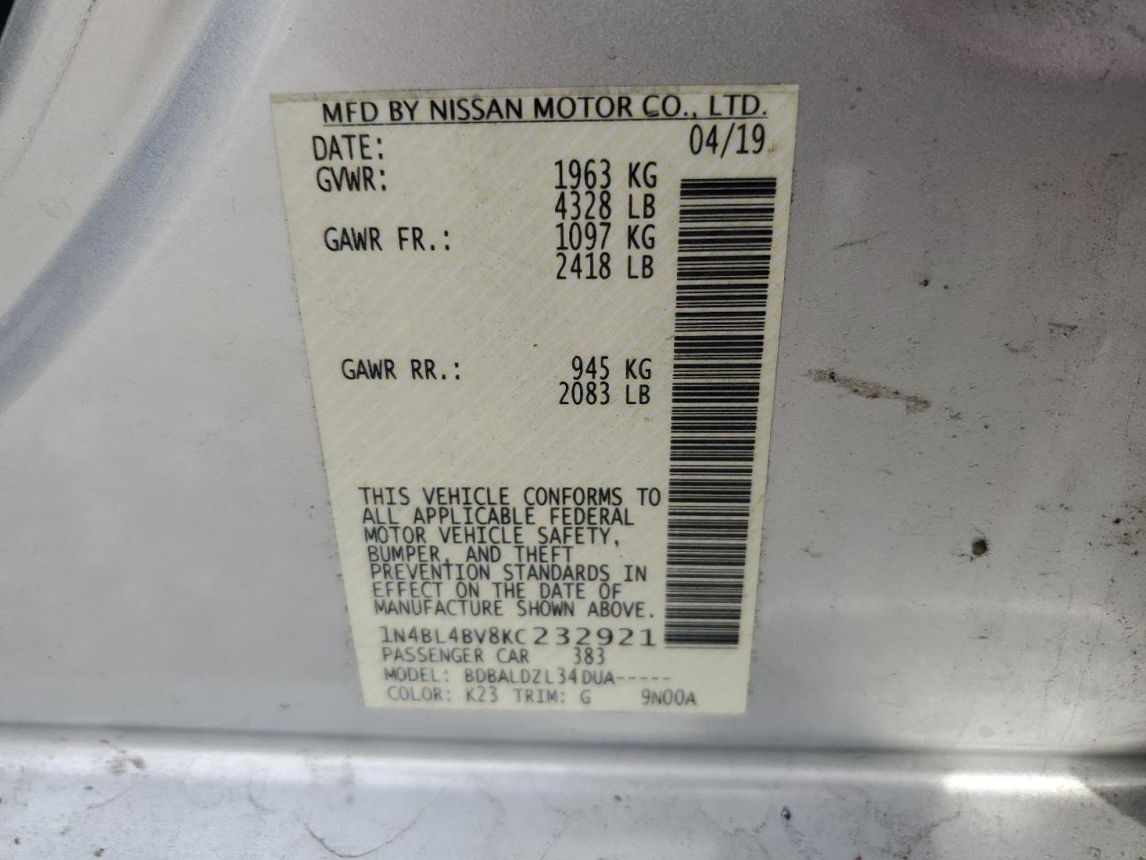 1N4BL4BV8KC232921 NISSAN ALTIMA 2019
