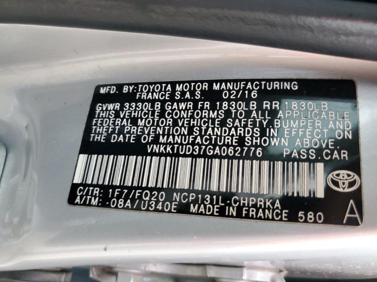 VNKKTUD37GA062776 TOYOTA YARIS 2016