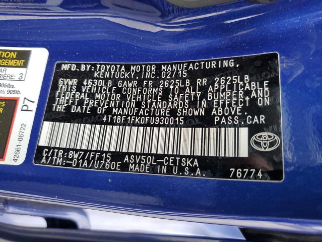 2015 TOYOTA CAMRY LE 4T1BF1FK0FU930015