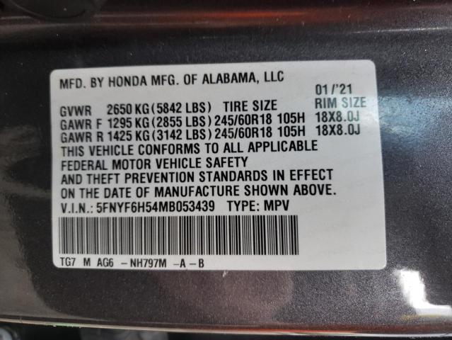 2021 HONDA PILOT EXL 5FNYF6H54MB053439