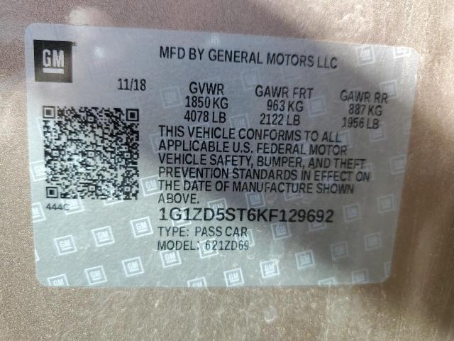 2019 CHEVROLET MALIBU LT 1G1ZD5ST6KF129692