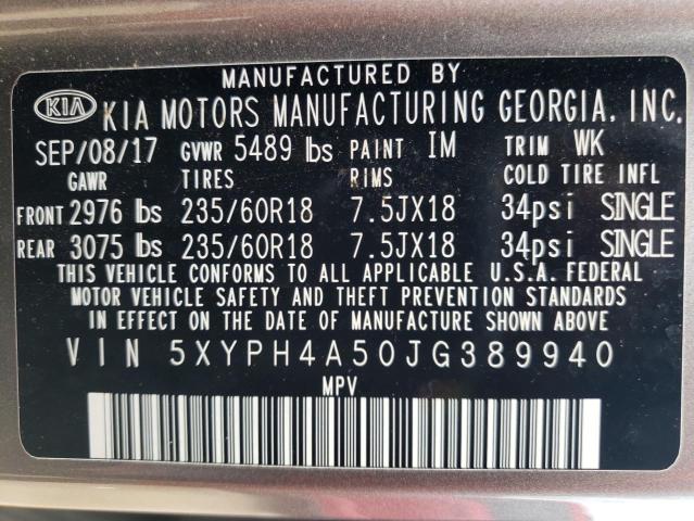 5XYPH4A50JG389940 KIA SORENTO EX