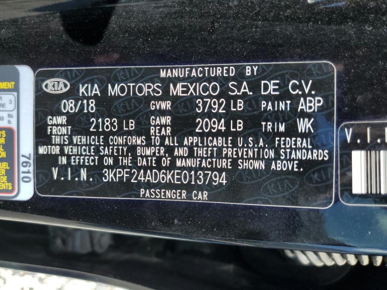 2019 Kia Forte Fe VIN: 3KPF24AD6KE013794 Lot: 43108773