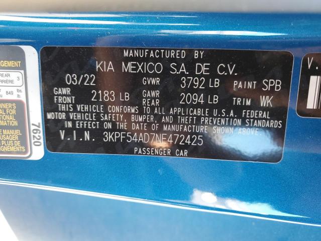 3KPF54AD7NE472425 KIA Forte Gt Line
