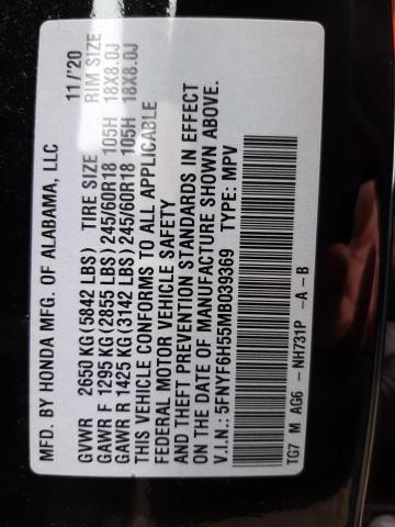 2021 HONDA PILOT EXL 5FNYF6H55MB039369
