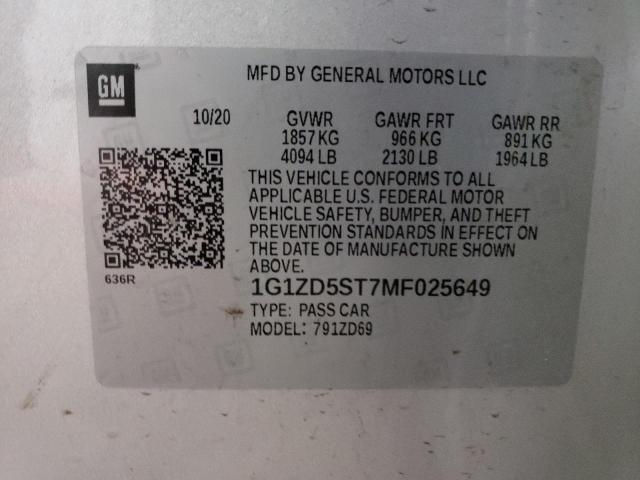 2021 CHEVROLET MALIBU LT 1G1ZD5ST7MF025649