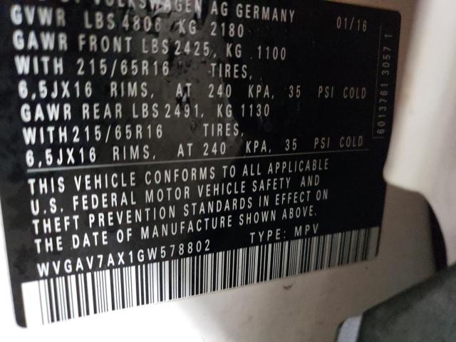 2016 VOLKSWAGEN TIGUAN S - WVGAV7AX1GW578802