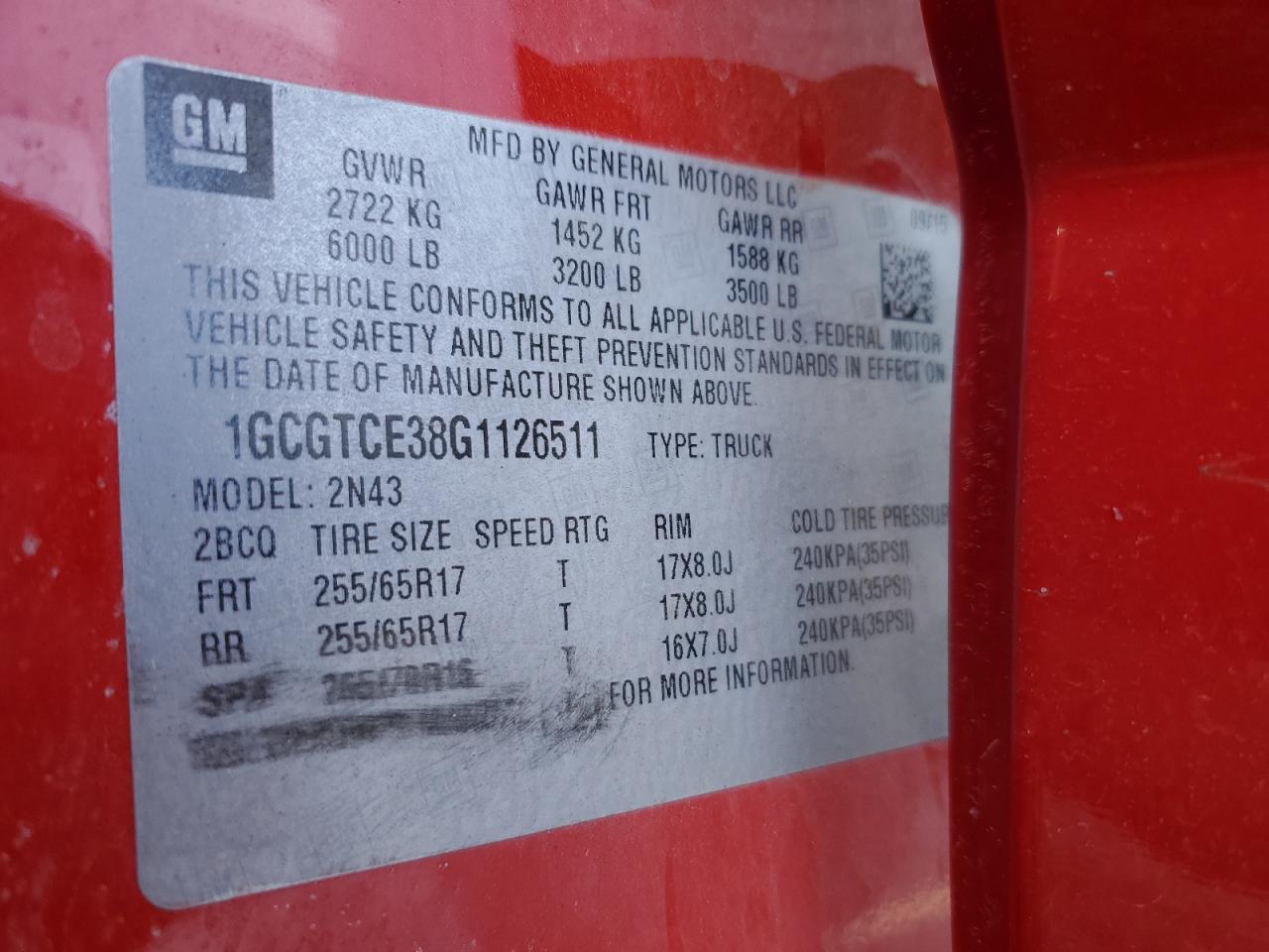 1GCGTCE38G1126511 CHEVROLET COLORADO 2016