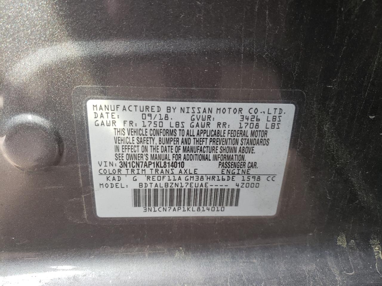 3N1CN7AP1KL814010 2019 Nissan Versa S