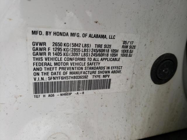 2017 HONDA PILOT EXL 5FNYF6H57HB036592