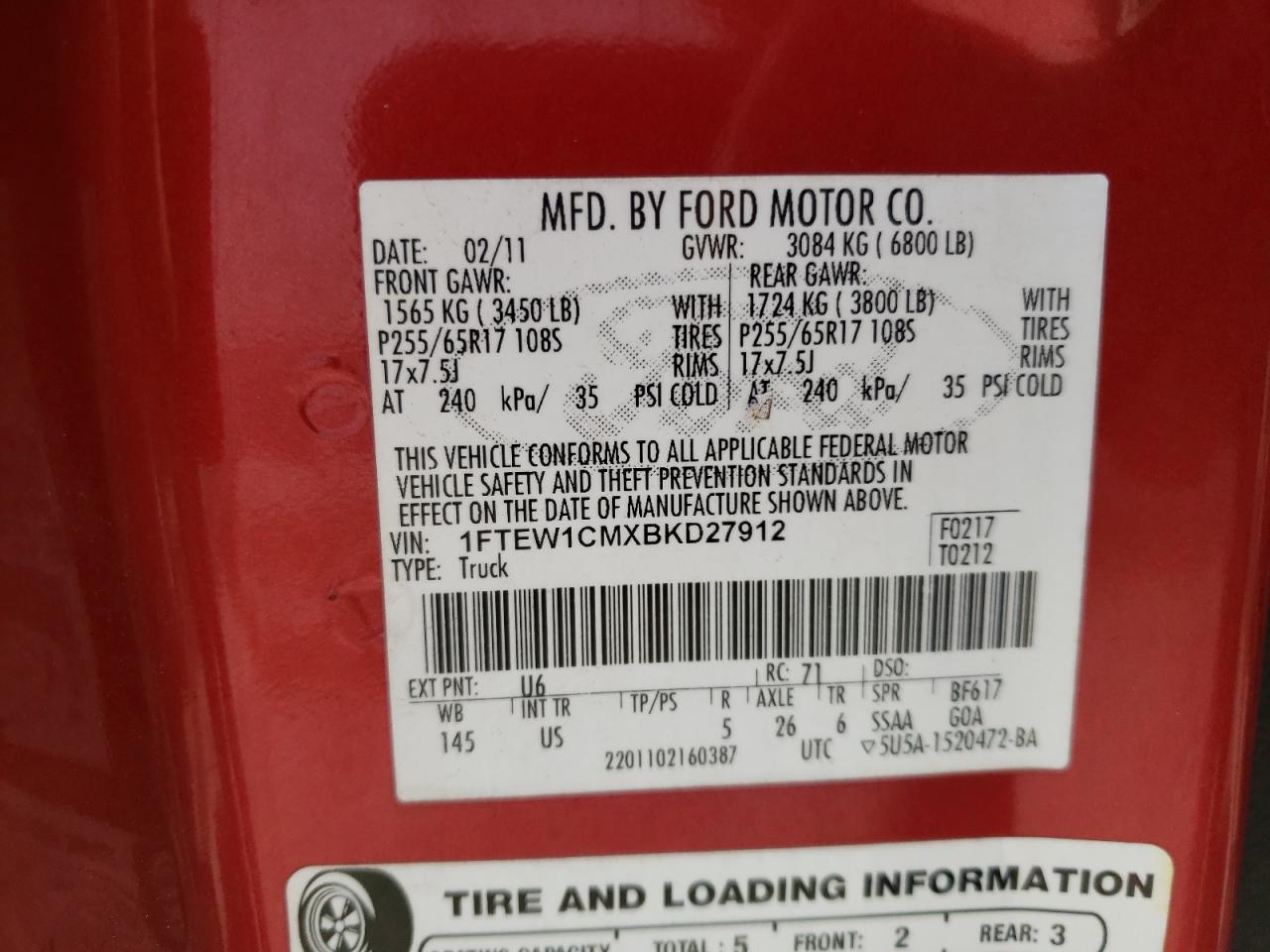 2011 Ford F150 Supercrew VIN: 1FTEW1CMXBKD27912 Lot: 43681443