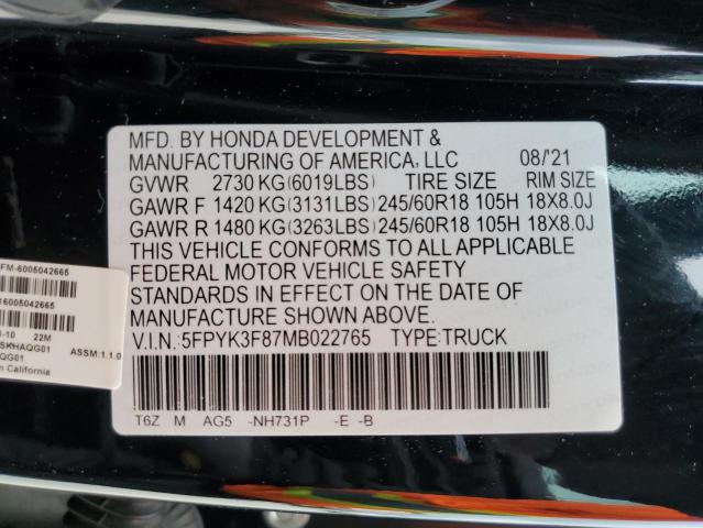 2021 HONDA RIDGELINE - 5FPYK3F87MB022765